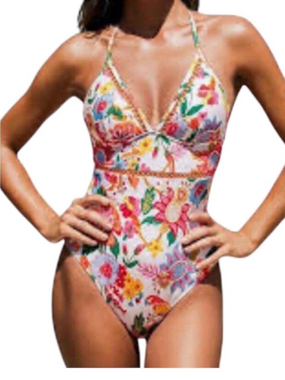 Cupshe NWT M WHITE ORANGE Floral CUT OUTS OPEN BACK One-Piece Swimsuit